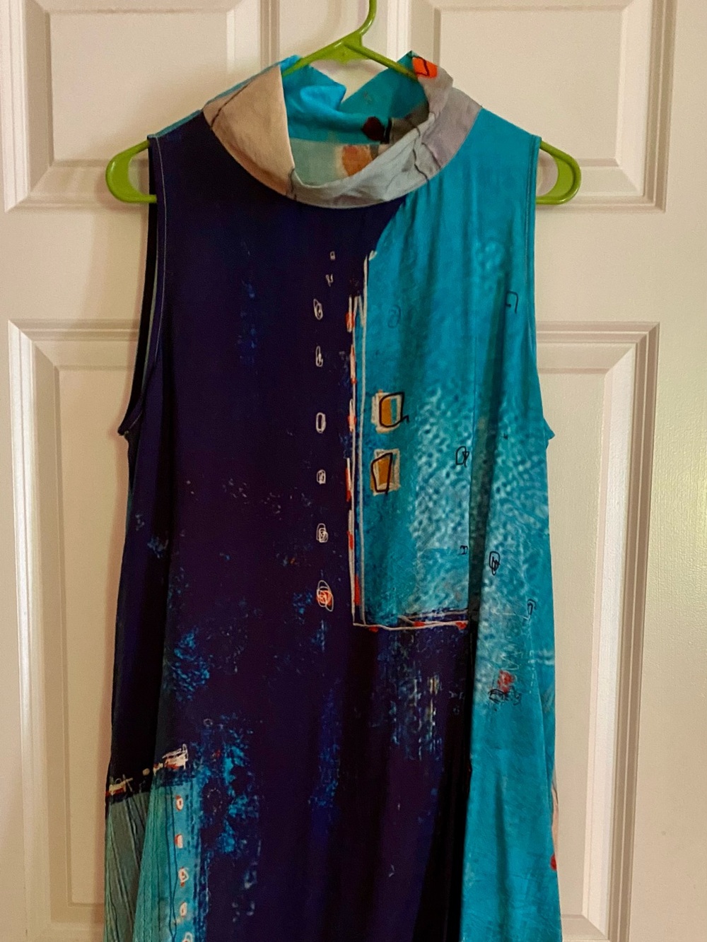 3 Potato: Sleeveless Abstract Blue & Teal Turtleneck Dress